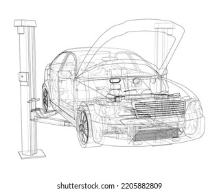 Car lift stand tower with car. Vector rendering of 3d. The layers of visible and invisible lines are separated