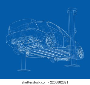 Car lift stand tower with car. Vector rendering of 3d. The layers of visible and invisible lines are separated