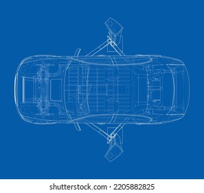 Car lift stand tower with car. Vector rendering of 3d. The layers of visible and invisible lines are separated