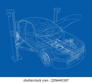 Car lift stand tower with car. Vector rendering of 3d. The layers of visible and invisible lines are separated