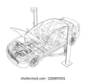 Car lift stand tower with car. Vector rendering of 3d. The layers of visible and invisible lines are separated