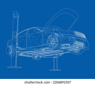 Car lift stand tower with car. Vector rendering of 3d. The layers of visible and invisible lines are separated