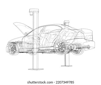 Car lift stand tower with car. Vector rendering of 3d. The layers of visible and invisible lines are separated