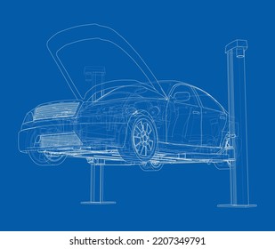 Car lift stand tower with car. Vector rendering of 3d. The layers of visible and invisible lines are separated