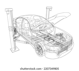 Car lift stand tower with car. Vector rendering of 3d. The layers of visible and invisible lines are separated