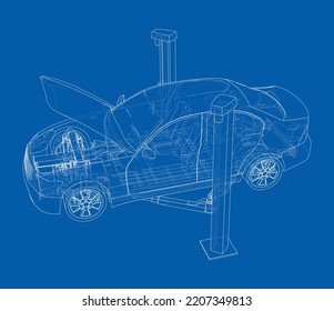 Car lift stand tower with car. Vector rendering of 3d. The layers of visible and invisible lines are separated