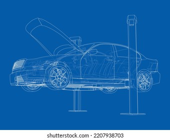 Car lift stand tower with car. Vector rendering of 3d. The layers of visible and invisible lines are separated