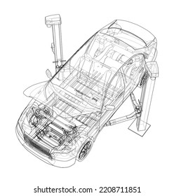 Car lift stand tower with car. Vector rendering of 3d. The layers of visible and invisible lines are separated