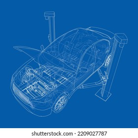 Car lift stand tower with car. Vector rendering of 3d. The layers of visible and invisible lines are separated