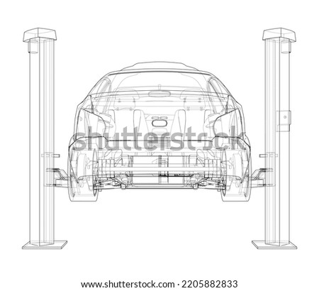 Car lift stand tower with car. Vector rendering of 3d. The layers of visible and invisible lines are separated