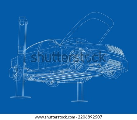 Car lift stand tower with car. Vector rendering of 3d. The layers of visible and invisible lines are separated