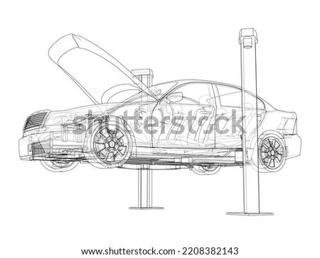 Car lift stand tower with car. Vector rendering of 3d. The layers of visible and invisible lines are separated
