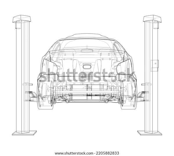 Car lift stand\
tower with car. Vector rendering of 3d. The layers of visible and\
invisible lines are\
separated
