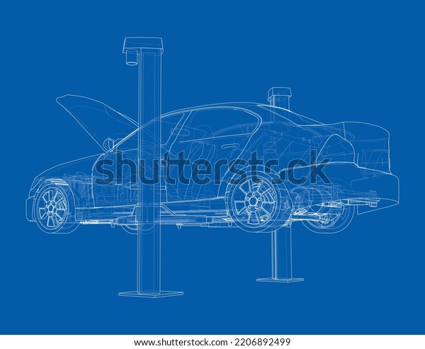 Car lift stand\
tower with car. Vector rendering of 3d. The layers of visible and\
invisible lines are\
separated