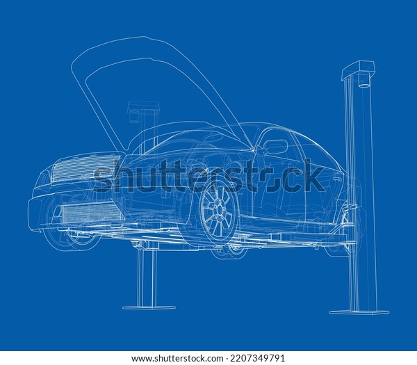 Car lift stand
tower with car. Vector rendering of 3d. The layers of visible and
invisible lines are
separated