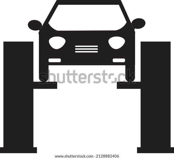 car lifted on auto lift on\
white background. car repair sign. auto service symbol. flat\
style.