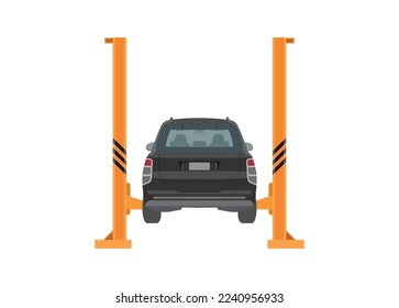 Car lifted up on a lifting jack. Back view. Simple flat illustration.