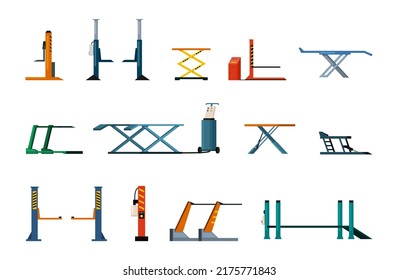car lifting. industrial lifting platforms for repair car service. Vector pictures collection isolated on white