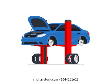 Levantamiento de Camiones aislado sobre un fondo blanco. Camión sin ruedas y proceso de inspección del capó abierto. Automóvil en taller de autos. Ilustración vectorial en estilo plano.