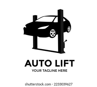 Logo-Design für Autoheben. Auto auf einem Radausrichtunglift im Auto-Service. Diagnose des Fahrgestells des Autos erhöht am Aufzug Vektordesign und Illustration.