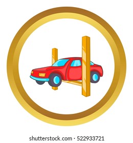 Car lifting vector icon in golden circle, cartoon style isolated on white background