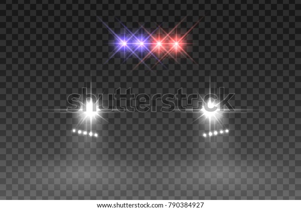 Car light\
flash effect with light flasher atop of a police car on transparent\
background. Vector\
illustration.