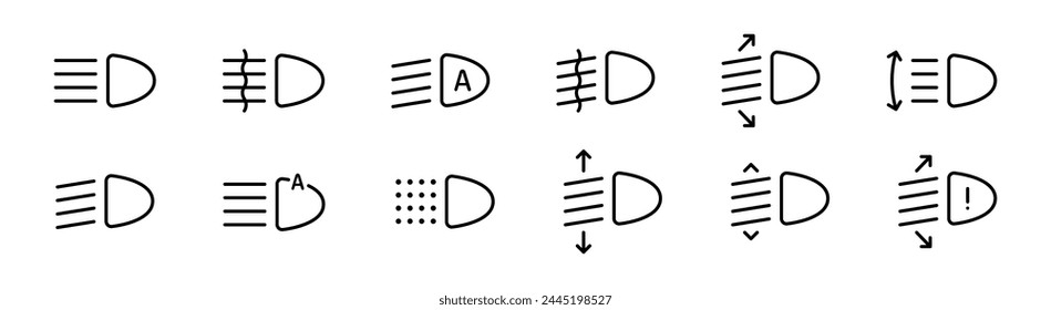 Car light icon set. Headlight, light indicator dashboard symbol collection. Vector