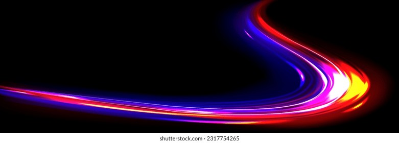 Car light speed motion effect. Blurred streaks of fast movement, road traffic with long exposure at night. Abstract blue and red neon lines isolated on black background, vector realistic illustration