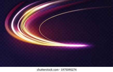 Car light trail effect, motion long exposure at night vector illustration. Glow of bright lines of transport vehicle drive on road highway, traffic automobile lights on dark transparent background
