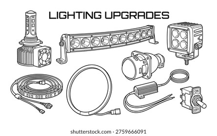 Car lighting upgrade components vector illustration LED headlights fog lights light bar switch drawing