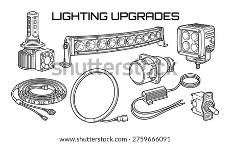 Car lighting upgrade components vector illustration LED headlights fog lights light bar switch drawing
