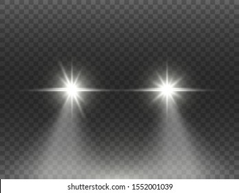 Car lights effect on dark transparent background. Realistic headlights concept. Automobile white flares isolated. Bright car beams at night. Auto rays on road. Vector illustration.