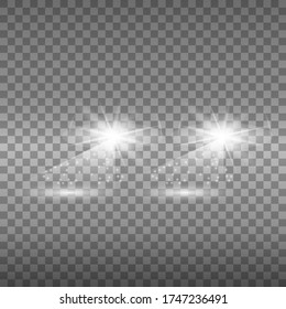 Car lights effect on dark transparent background. Realistic headlights concept. Automobile white flares isolated. Bright car beams at night. Auto rays on road. Vector illustration.