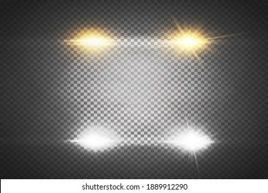 Efecto de las luces del coche en el fondo transparente oscuro. Concepto de faros realistas. Las bengalas blancas del automóvil están aisladas.  Ilustración vectorial.