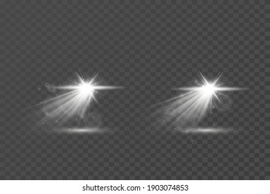 Car lights effect on dark transparent background. Realistic headlights concept. Automobile white flares isolated. Bright car beams at night. Auto rays on road. Vector illustration.