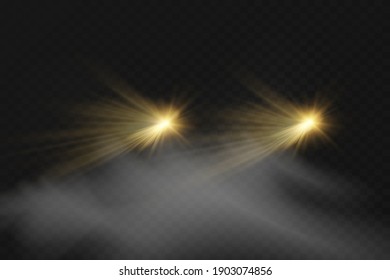 Car lights effect on dark transparent background. Realistic headlights concept. Automobile white flares isolated. Bright car beams at night. Auto rays on road. Vector illustration.