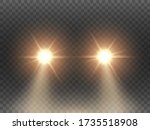 Car lights effect on transparent backdrop. Isolated yellow headlights. Realistic automobile flares. Bright car beams concept. Rays on road. Vector illustration.