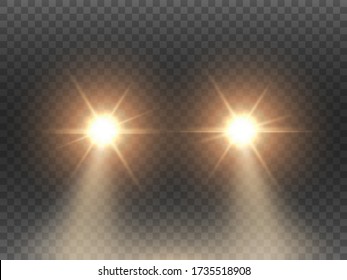 Car lights effect on transparent backdrop. Isolated yellow headlights. Realistic automobile flares. Bright car beams concept. Rays on road. Vector illustration.