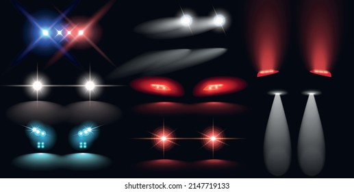 Car lights glowing in darkness realistic set isolated against black background vector illustration