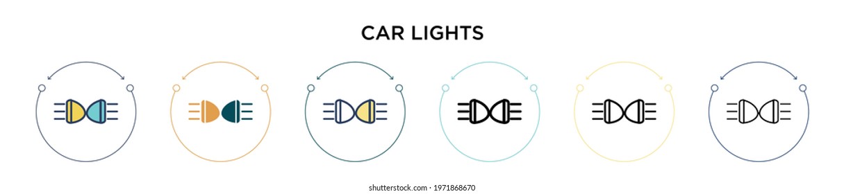 Car lights icon in filled, thin line, outline and stroke style. Vector illustration of two colored and black car lights vector icons designs can be used for mobile, ui, web