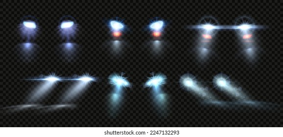 Car lights. Night road headlights beams, light overlay effect of auto lamps flares isolated vector set. Glowing vehicle ray in darkness, transport bright headlamps shining at night