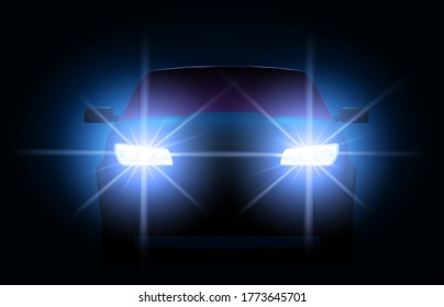 Car lights. Night urban scene with automobile or vehicle silhouette with bright shining headlights. Auto front view in darkness.Transport race at night time, glowing vector illustration