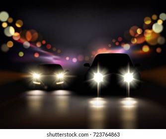 Car lights realistic background with night road and two car front-side silhouettes with headlight and shadows vector illustration