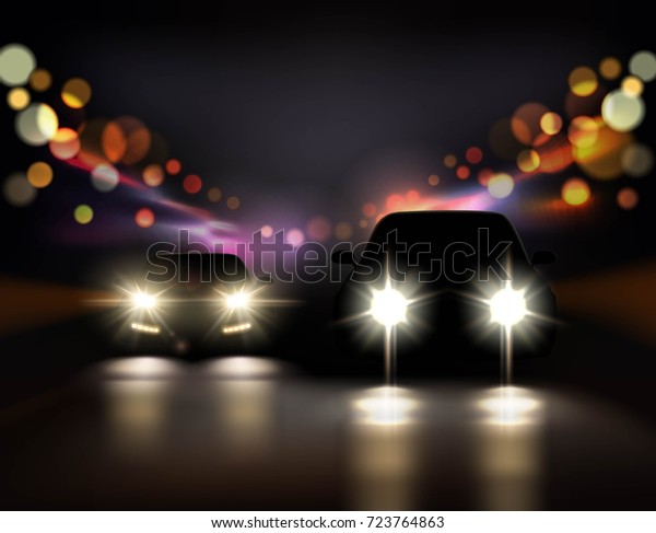 夜道のあるリアルな背景に自動車のライト ヘッドライトと影のベクターイラストと2台の車の前面シルエット のベクター画像素材 ロイヤリティフリー