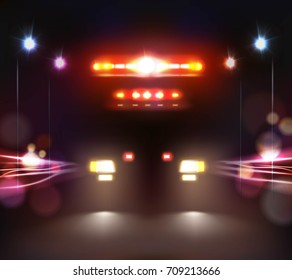 Car Lights Realistic Composition Of Headlamp And Light Bar Images Of Ambulance Car On Night Road Vector Illustration