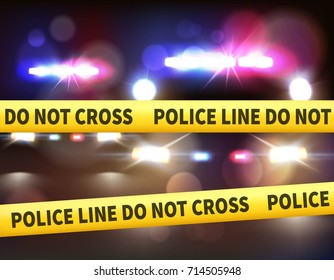Car lights realistic composition with police line do not cross tape colourful light bar and headlight vector illustration