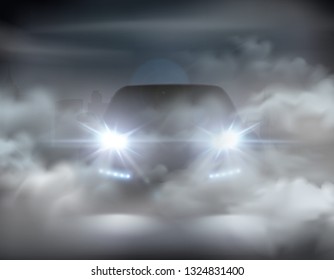 Car lights realistic in fog composition abstract concept with silver car at the night vector illustration