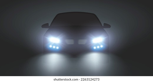 Car lights realistic front silhouette view. Car headlights shining from darkness background. Automobile vector car headlights in darkness. Vector.