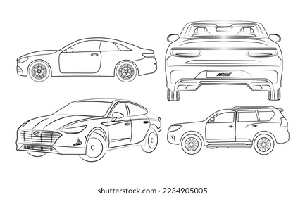 Car line art, all view, four view, top, side, back, front