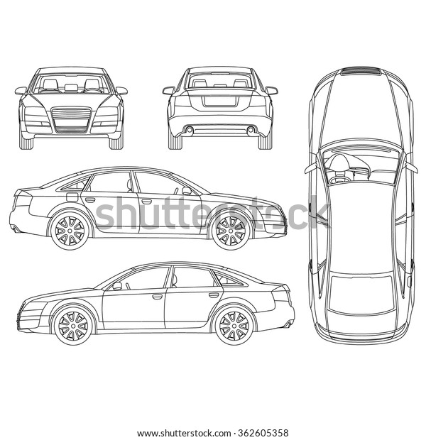 Car\
line art, all view, four view, top, side, back,\
front